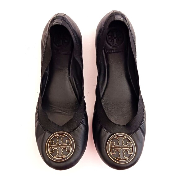 Tory Burch Caroline Blk Leather Ballet Flat Gold Enamel Logo Stretch Top 6.5M - Picture 1 of 9
